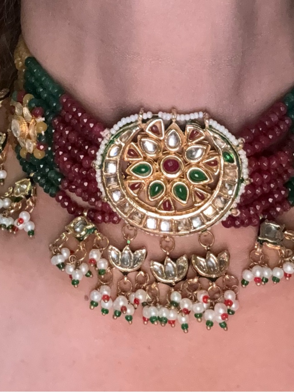 Traditional Multistrand Beaded Choker Necklace with Kundan Pendant - Red & Green